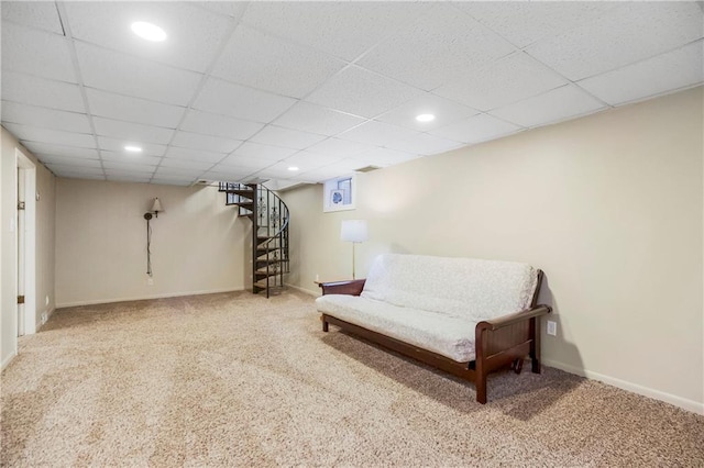sitting room with stairway, baseboards, carpet flooring, and recessed lighting