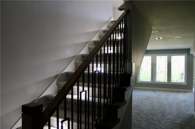 stairs featuring carpet flooring