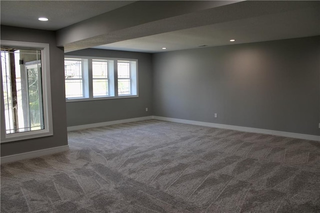 unfurnished room with baseboards, carpet, and recessed lighting