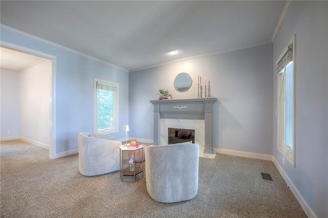 5316 NE Northgate Xing, Lees Summit, MO 64064 - carpeted living room featuring ornamental molding, a fireplace, and baseboards