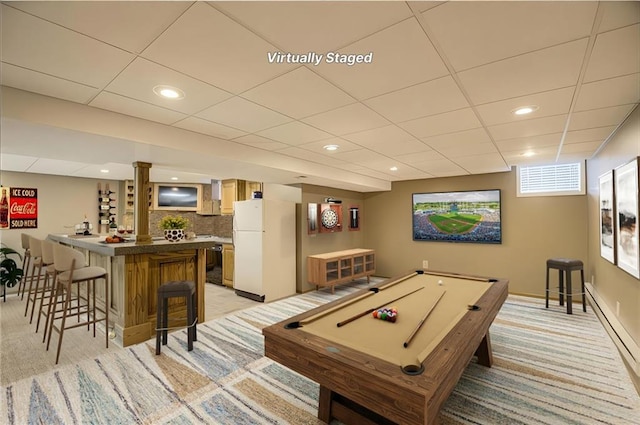 5316 NE Northgate Xing, Lees Summit, MO 64064 - playroom with light colored carpet, a dry bar, a baseboard radiator, pool table, and recessed lighting