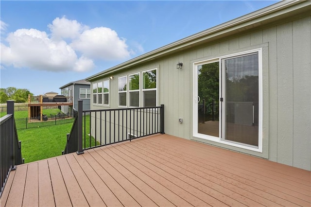 1002 Branchwood Ln, Raymore, MO 64083 - wooden terrace featuring fence and a yard
