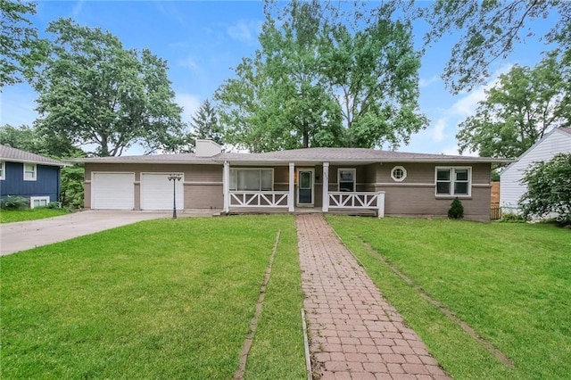 single story home featuring an attached garage, driveway, and a chimney