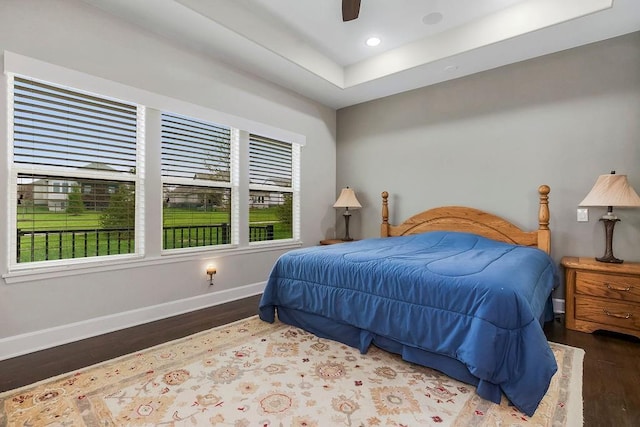 bedroom with recessed lighting, baseboards, a ceiling fan, and wood finished floors