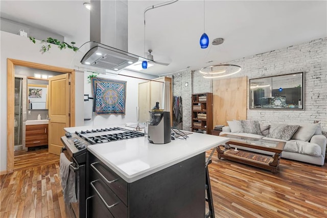 kitchen with open floor plan, exhaust hood, a kitchen island, light wood-style floors, and range with gas cooktop