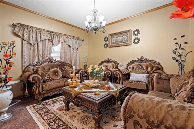 carpeted living room with an inviting chandelier and ornamental molding