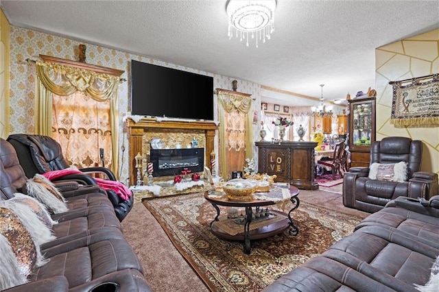 living room with carpet floors, wallpapered walls, and a notable chandelier