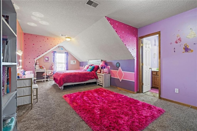 carpeted bedroom featuring baseboards, vaulted ceiling, a textured ceiling, and visible vents