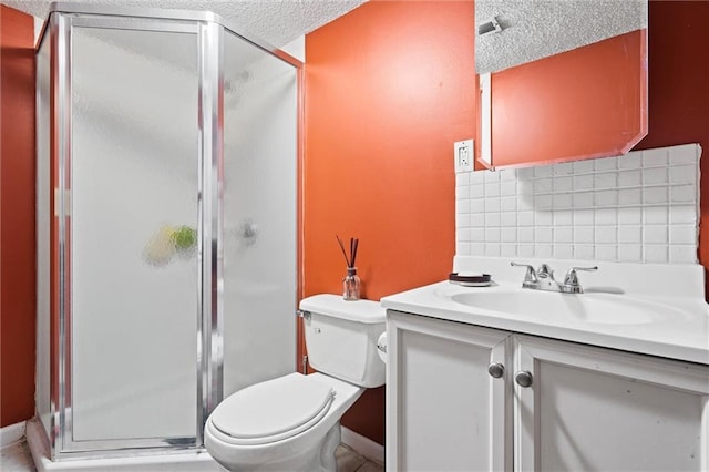 full bath featuring vanity, decorative backsplash, toilet, a textured ceiling, and a stall shower
