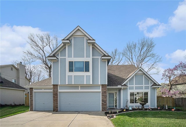 401 NW 51st St, Gladstone, MO 64118 - tudor house with concrete driveway, a shingled roof, a garage, and brick siding