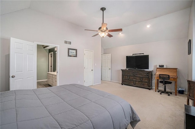 401 NW 51st St, Gladstone, MO 64118 - bedroom featuring baseboards, carpet flooring, ceiling fan, ensuite bath, and high vaulted ceiling