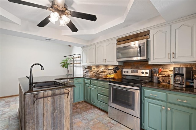 2102 W Dennis Ave, Olathe, KS 66061 - kitchen featuring visible vents, white cabinetry, a sink, appliances with stainless steel finishes, and backsplash