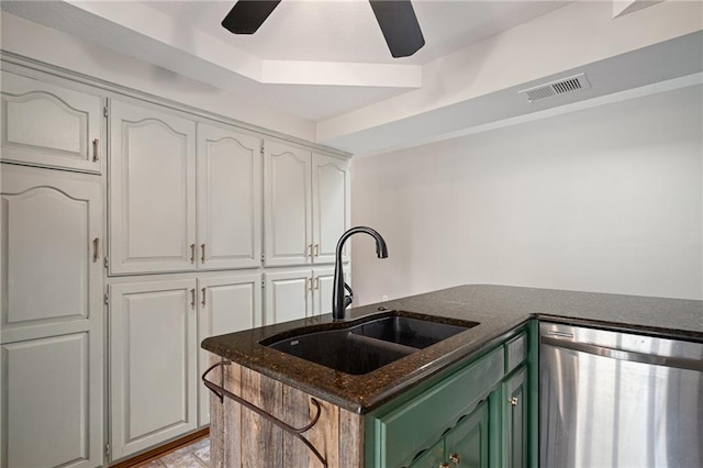 2102 W Dennis Ave, Olathe, KS 66061 - kitchen featuring a sink, white cabinetry, a ceiling fan, stainless steel dishwasher, and green cabinets