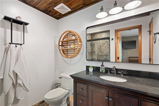 2102 W Dennis Ave, Olathe, KS 66061 - bathroom with vanity, toilet, wooden ceiling, a shower stall, and visible vents