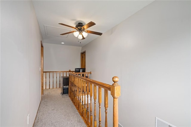 2102 W Dennis Ave, Olathe, KS 66061 - hallway featuring visible vents, attic access, carpet flooring, and an upstairs landing