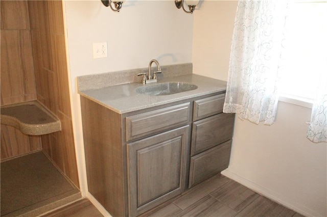 bathroom with vanity and wood finished floors