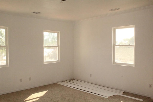 spare room with ornamental molding, visible vents, and carpet floors