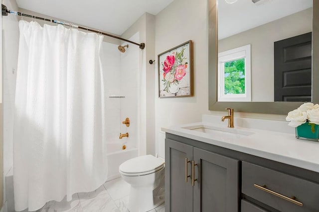 10300 W 174th St, Overland Park, KS 66221 - full bath with shower / bathtub combination with curtain, vanity, toilet, and marble finish floors