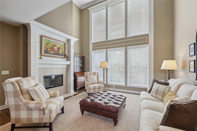 living room featuring baseboards and a tile fireplace