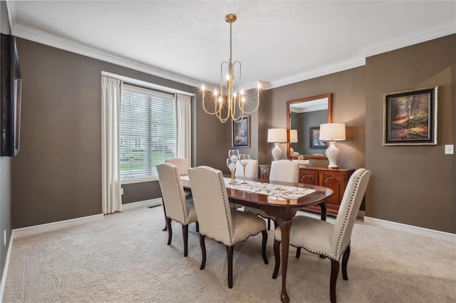 dining area with light colored carpet, ornamental molding, and a chandelier