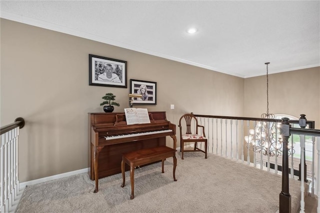 living area with crown molding, an inviting chandelier, carpet floors, recessed lighting, and baseboards