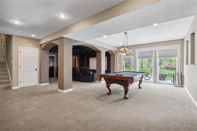playroom featuring arched walkways, baseboards, carpet flooring, and pool table