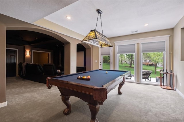 recreation room with carpet floors, visible vents, baseboards, arched walkways, and billiards