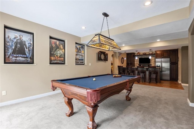 rec room featuring light colored carpet, indoor wet bar, recessed lighting, pool table, and baseboards