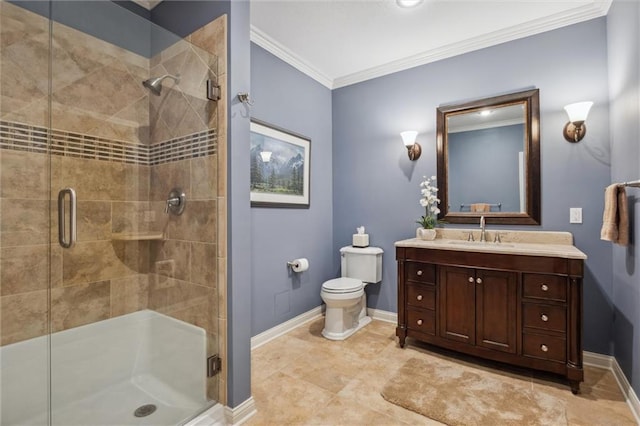 full bath with vanity, ornamental molding, toilet, baseboards, and a stall shower