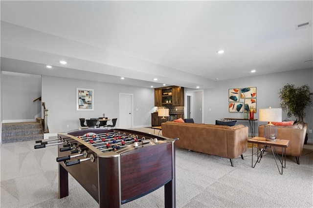 game room with light colored carpet, baseboards, visible vents, and recessed lighting