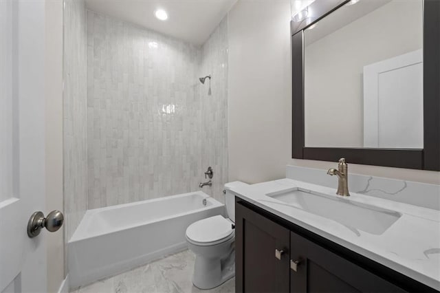 full bath with toilet, marble finish floor, shower / bathing tub combination, and vanity