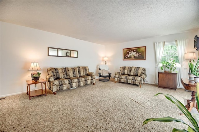 763 J Hwy, Peculiar, MO 64078 - living room featuring a textured ceiling, carpet, and baseboards