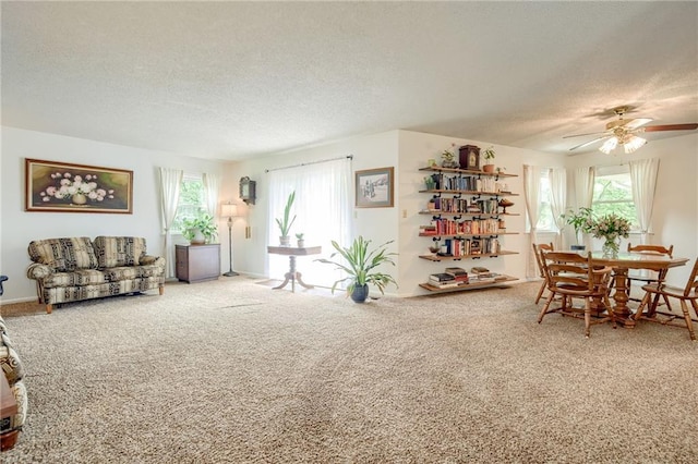763 J Hwy, Peculiar, MO 64078 - carpeted living room featuring a textured ceiling, plenty of natural light, and a ceiling fan