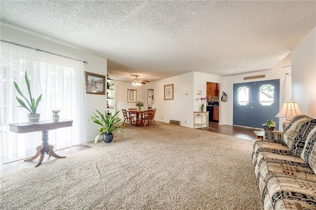 763 J Hwy, Peculiar, MO 64078 - carpeted living area featuring a textured ceiling