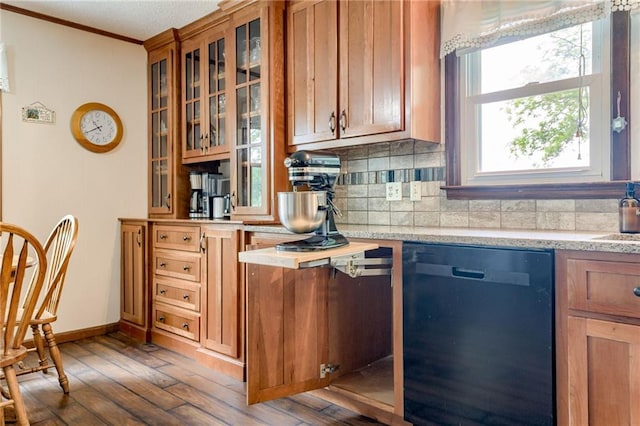 763 J Hwy, Peculiar, MO 64078 - kitchen featuring dishwashing machine, crown molding, backsplash, hardwood / wood-style floors, and brown cabinetry