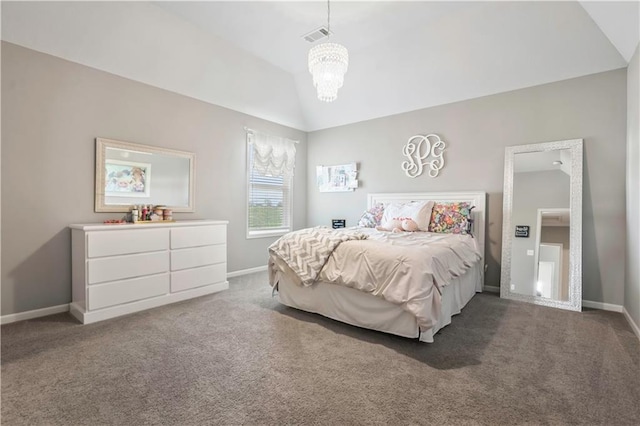 bedroom with carpet, visible vents, baseboards, and lofted ceiling