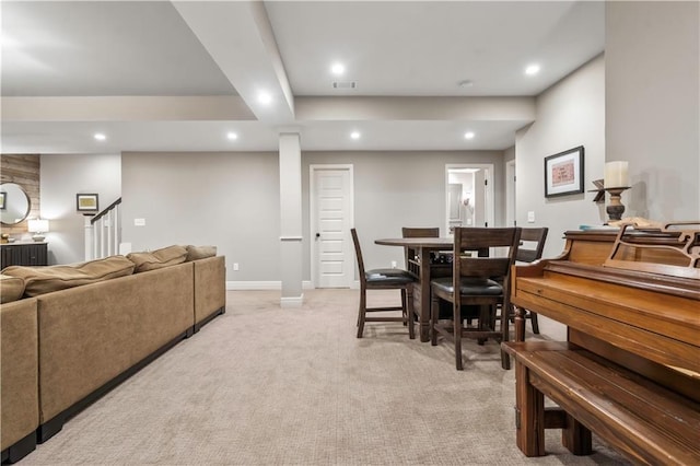 dining space with visible vents, stairway, recessed lighting, light carpet, and baseboards