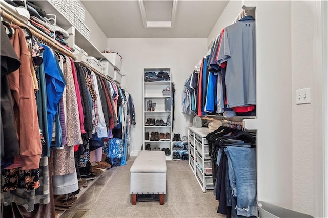 spacious closet featuring attic access and carpet