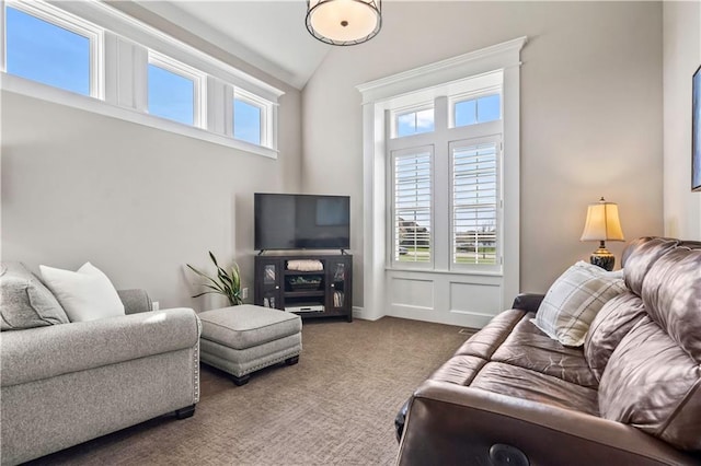 carpeted living room with high vaulted ceiling and plenty of natural light