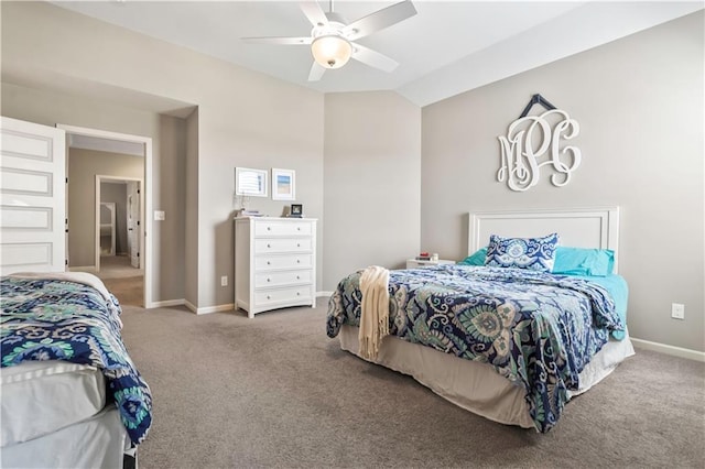 bedroom with carpet flooring, baseboards, and a ceiling fan