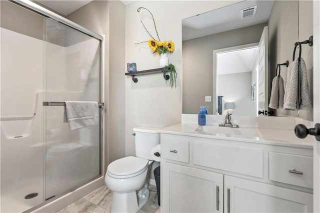full bathroom with a shower stall, vanity, visible vents, and toilet