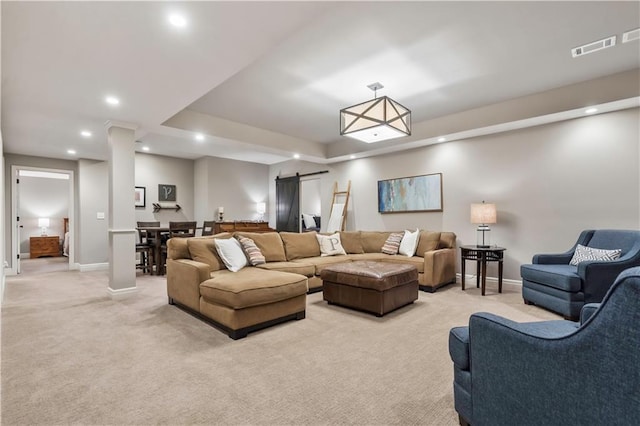 living area with light carpet, recessed lighting, and baseboards