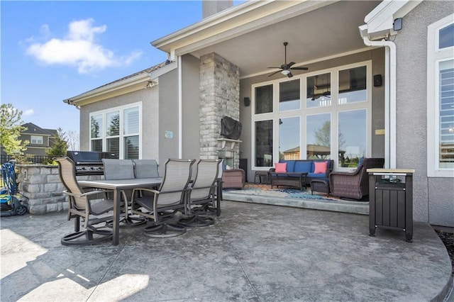 view of patio / terrace with outdoor dining space, outdoor lounge area, a grill, and a ceiling fan