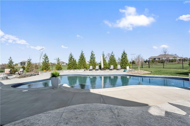 view of pool with fence, a fenced in pool, and a patio