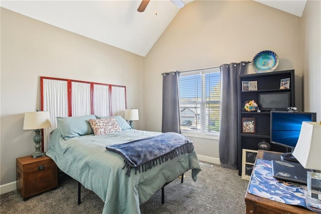 bedroom featuring baseboards, carpet, a ceiling fan, and high vaulted ceiling