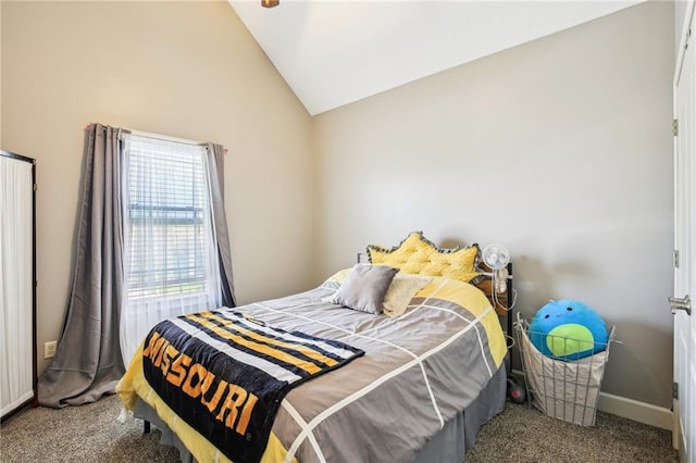 bedroom featuring carpet flooring, baseboards, and vaulted ceiling
