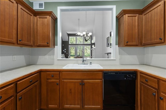 2118 NE 107th Ter, Kansas City, MO 64155 - kitchen featuring a sink, a notable chandelier, black dishwasher, and brown cabinets