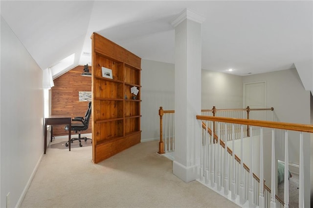 2118 NE 107th Ter, Kansas City, MO 64155 - interior space featuring wooden walls, baseboards, and carpet