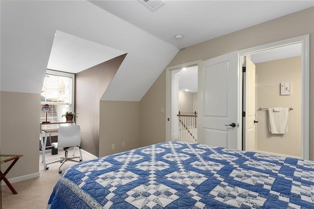 2118 NE 107th Ter, Kansas City, MO 64155 - bedroom with visible vents, baseboards, vaulted ceiling, and carpet floors
