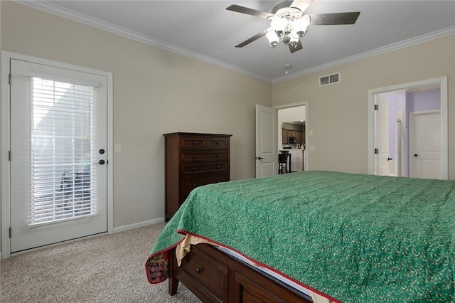 2118 NE 107th Ter, Kansas City, MO 64155 - bedroom featuring visible vents, baseboards, ornamental molding, a ceiling fan, and carpet flooring